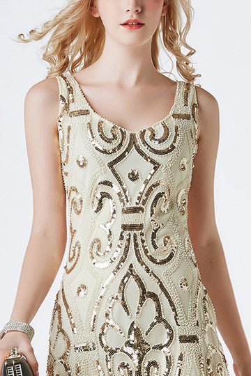 1920s Champagne Sequins Flapper Tea-Length Dress